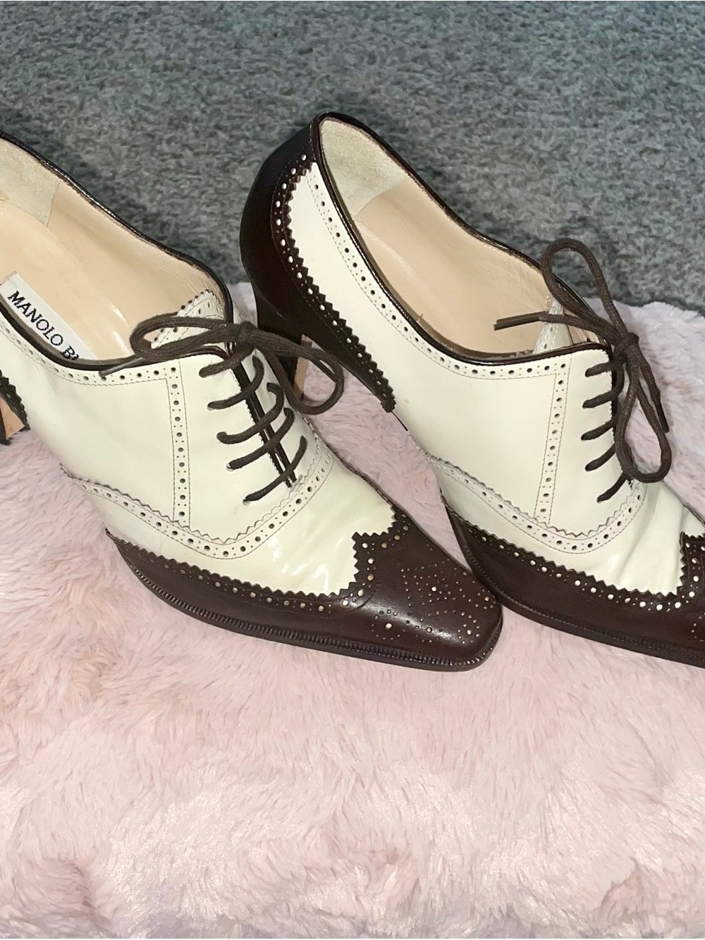 Manolo Blahnik vintage Two-Tone White and Brown Leather Lace-Up Heels